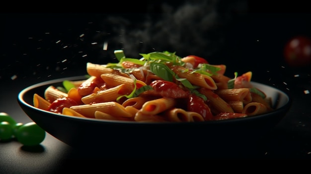 Un plato de pasta con tomates y cebollas verdes.