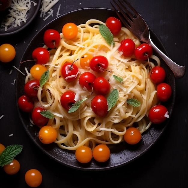 Un plato de pasta con tomates cherry y albahaca.