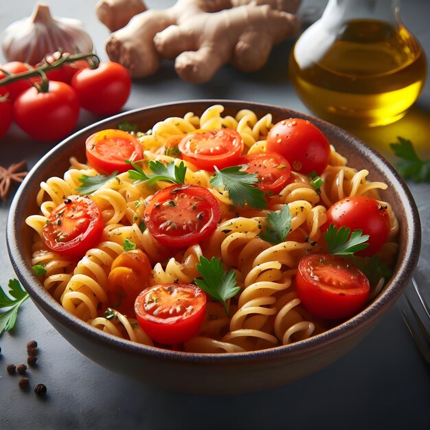 Un plato de pasta con tomates y perejil