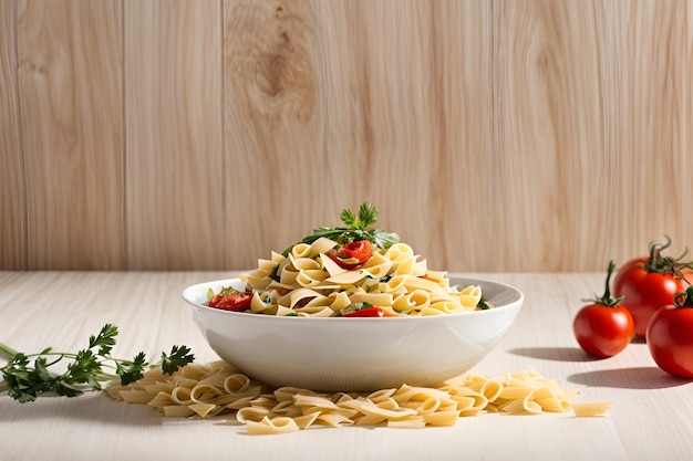 un plato de pasta con tomates y perejil.