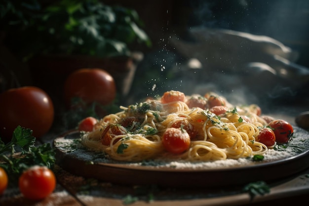 Un plato de pasta con tomates y queso parmesano