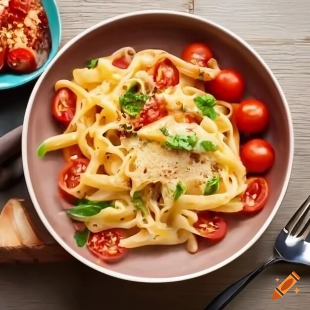 Foto un plato de pasta con tomates y verduras con tenedor en el fondo blanco