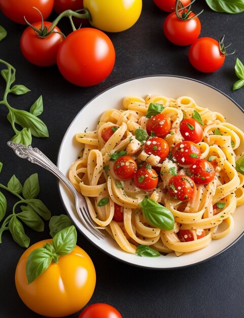 Un plato de pasta con tomates