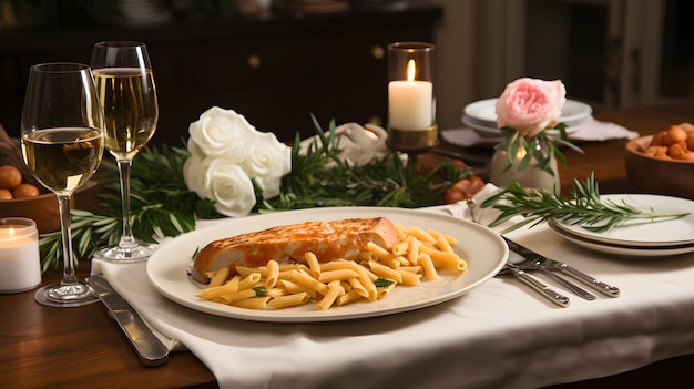 plato de pasta y un vaso de vino en la mesa IA generativa