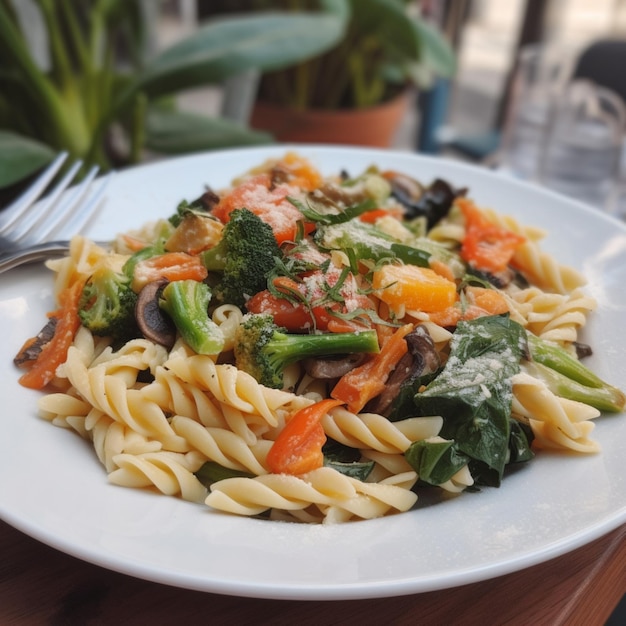 Un plato de pasta con verduras y un tenedor sobre una mesa.