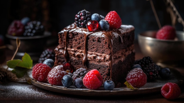 Un plato de pastel de chocolate con bayas