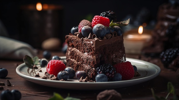 Un plato de pastel de chocolate con bayas