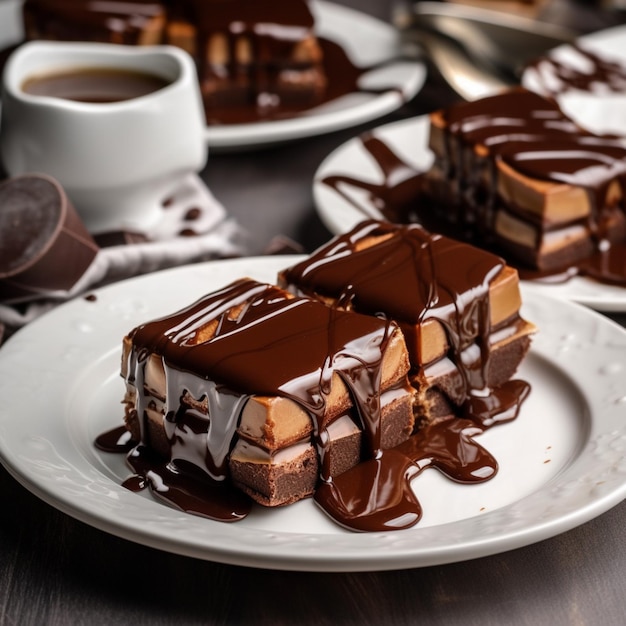 Un plato de pastel de chocolate con un chorrito de chocolate encima.