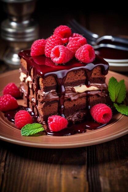 Foto un plato de pastel de chocolate con frambuesas y frambuesas en él.