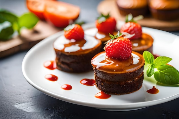 un plato de pastel de chocolate con fresa en él