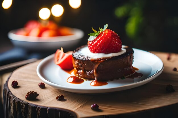 Foto un plato de pastel de chocolate con una fresa en él