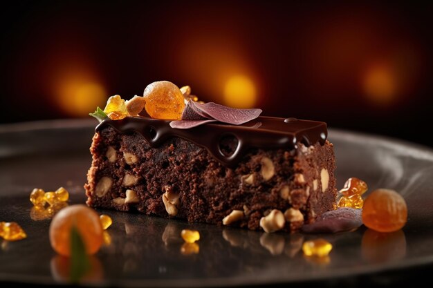 Un plato de pastel de chocolate con nueces y naranjas