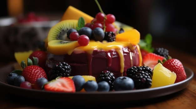 Un plato de pastel cubierto de frutas y bayas