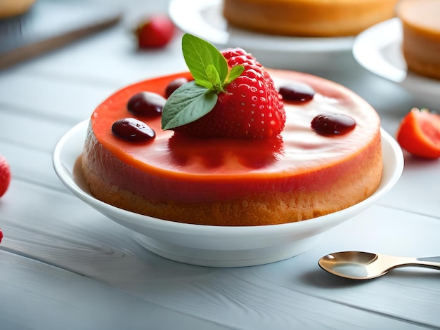 Un plato de pastel de gelatina con una fresa encima