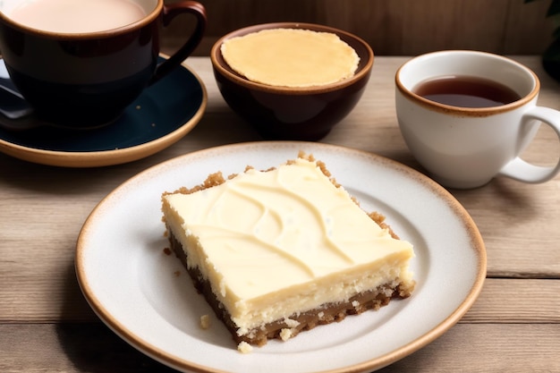 Un plato de pastel con glaseado de queso crema y una taza de café al lado.