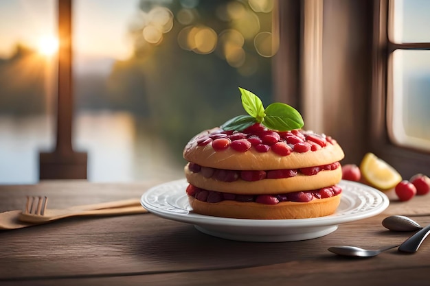 Un plato de pastel de mermelada de fresa con una cuchara sobre la mesa