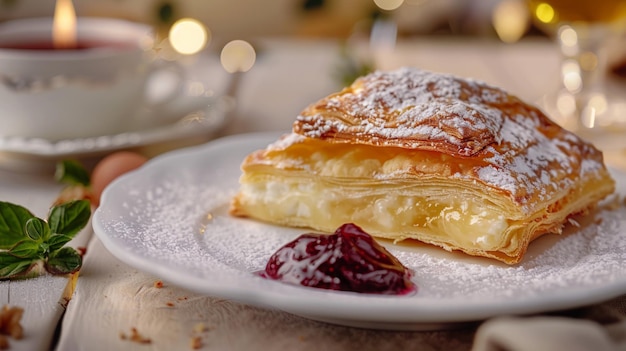 Foto un plato con un pastel con mermelada