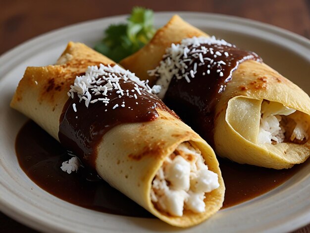 Foto un plato con un pastel y un pastel cubierto de chocolate en él