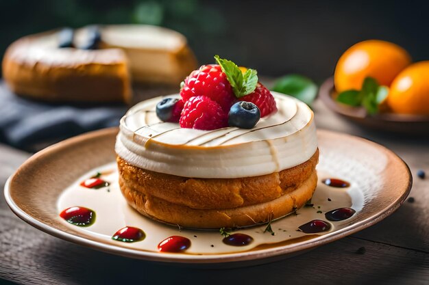 Un plato con un pastel y un plato con frutas en él