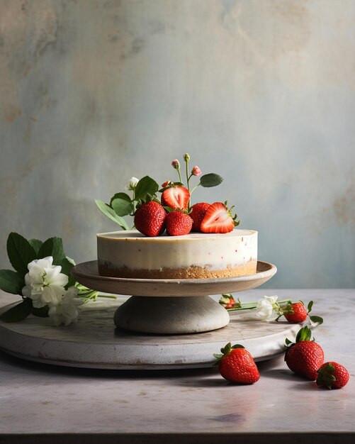 Plato de pastel de queso con fresas en la parte superior