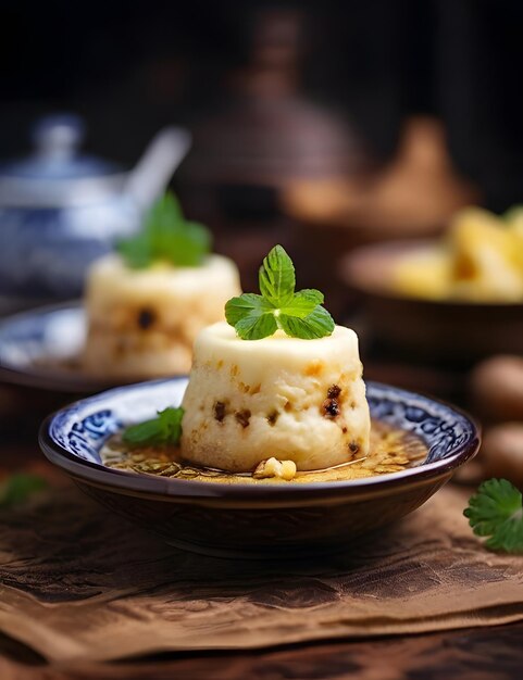 un plato de pastel de queso con hojas de menta en él