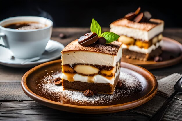 un plato con un pastel y una taza de café en él