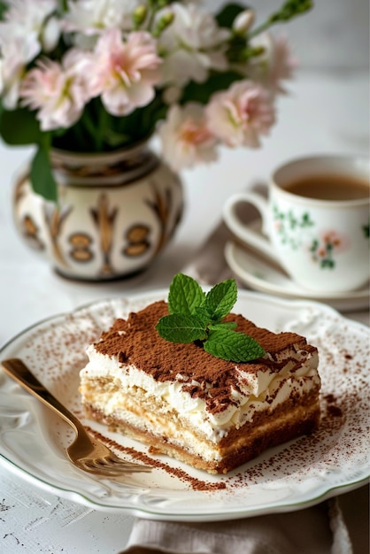 Plato de pastel de tiramisu