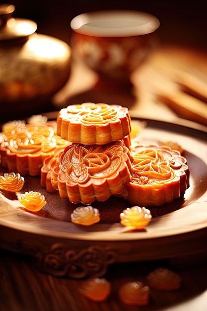 un plato de pasteles con flores en él