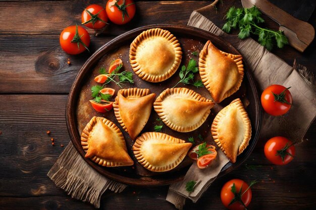 un plato de pasteles con tomates y albahaca en él