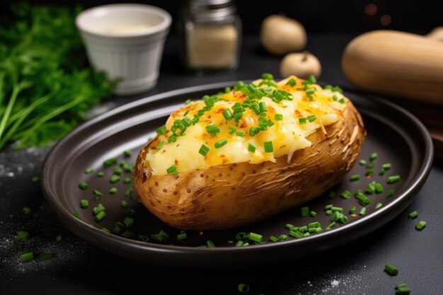 Plato de patatas al horno con queso y hierbas listo para devorar