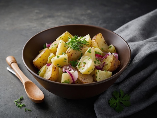 un plato de patatas con cebollas y cebollas en una mesa