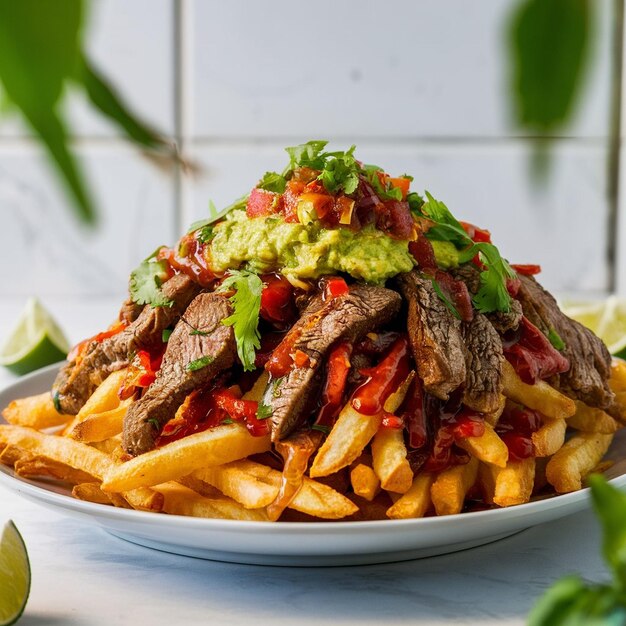 Plato de patatas fritas Carne Asada cargadas con guacamole y salsa