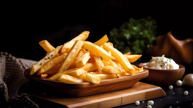 Un plato de patatas fritas con una ensalada de fondo.