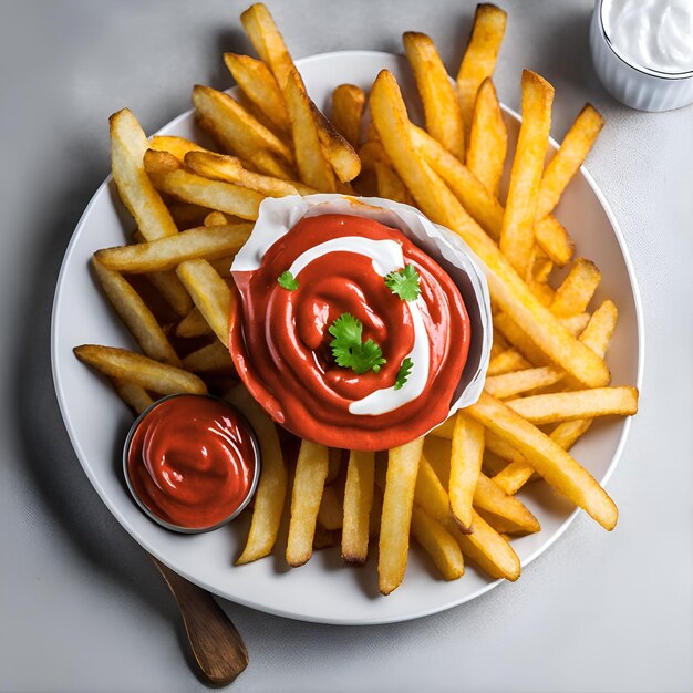 Un plato de patatas fritas con salsa roja y un pequeño recipiente de mayonesa al lado.