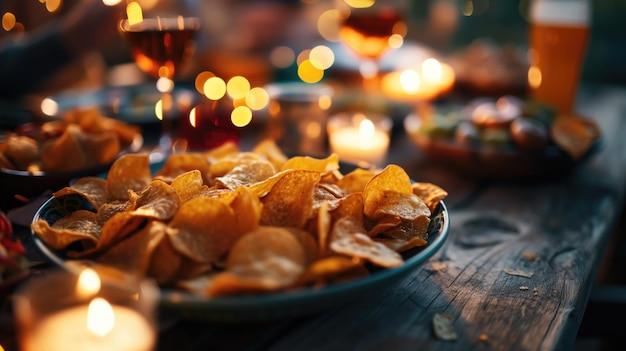 Un plato de patatas fritas sobre una mesa con un ambiente festivo.