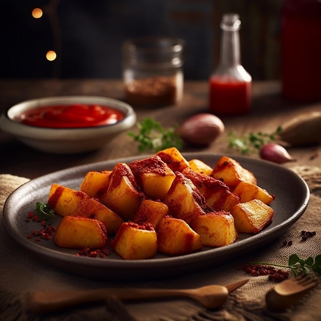 Un plato de patatas con salsa roja y una botella de salsa roja sobre la mesa.