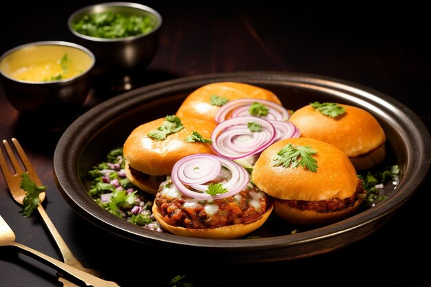 Foto un plato de pav bhaji servido con panes de mantequilla y adornado con cebollas y cuñas de limón