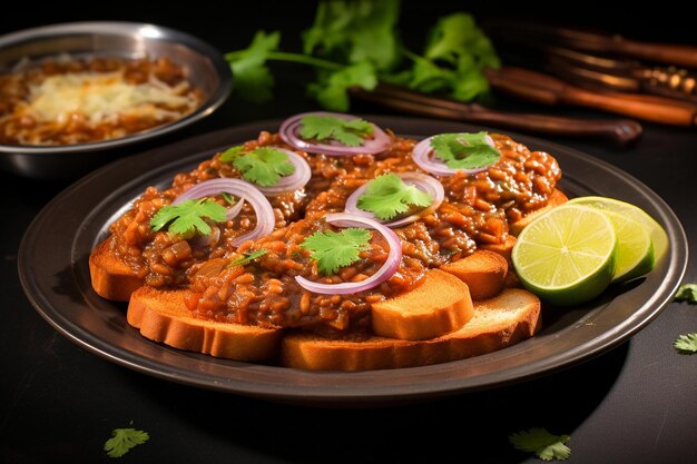 Foto un plato de pav bhaji servido con panes de mantequilla y adornado con cebollas y cuñas de limón