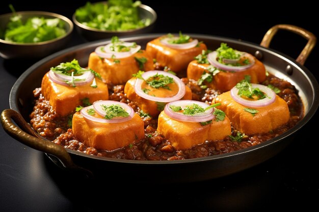 Foto un plato de pav bhaji servido con panes de mantequilla y adornado con cebollas y cuñas de limón