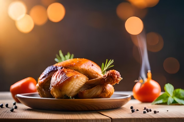 un plato de pavo asado con especias y aceitunas en una mesa de madera