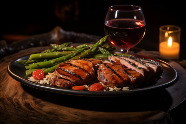 Un plato de pecho de pato glazado con uva con arroz silvestre y espárragos