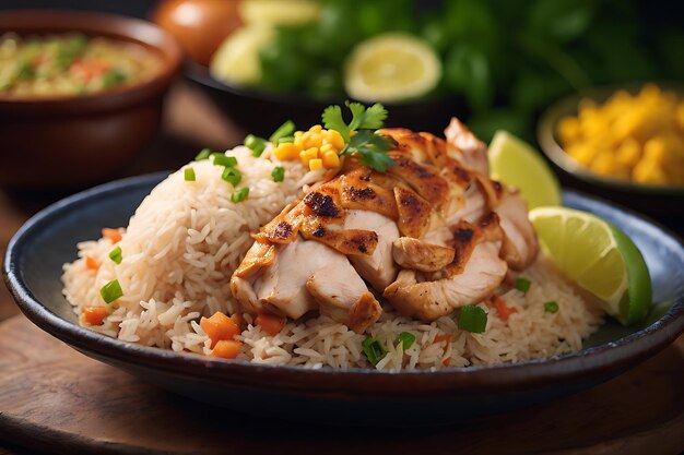 Foto un plato de pecho de pollo con arroz y verduras