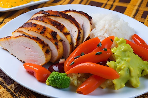 Un plato de pecho de pollo con arroz