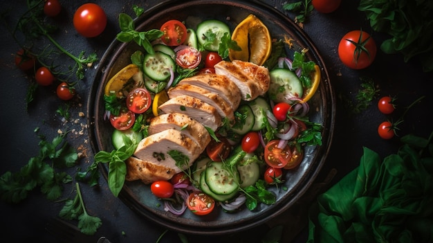 Foto un plato de pechuga de pollo con verduras sobre un fondo oscuro