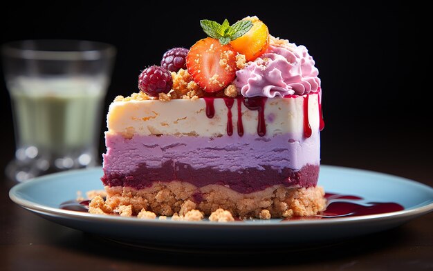 Foto un plato con un pedazo de pastel y un vaso de leche