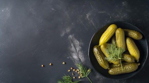 Un plato de pepinillos con eneldo sobre un fondo negro