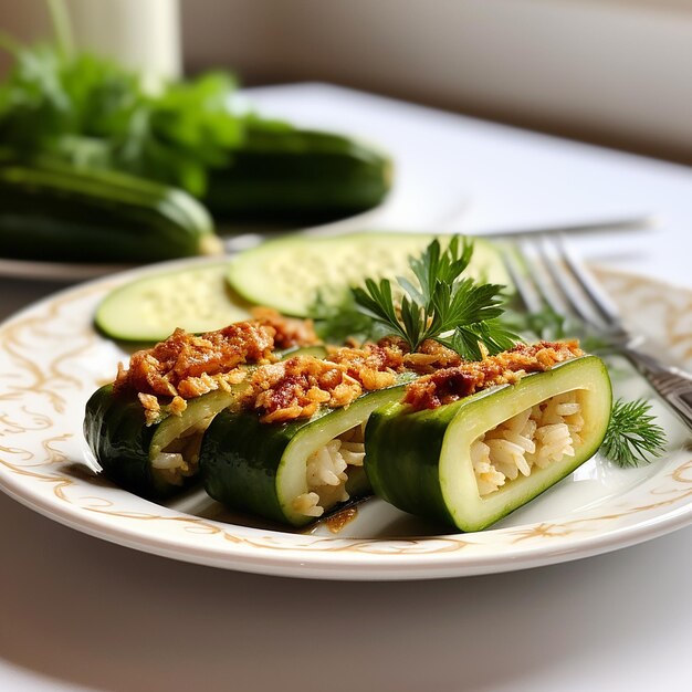 Foto plato de pepino relleno de arroz y tempeh