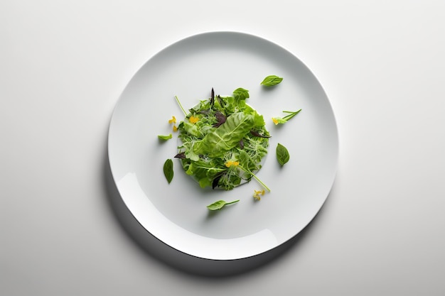 Plato con una pequeña ensalada de verduras vista desde arriba sobre un fondo blanco generado por IA