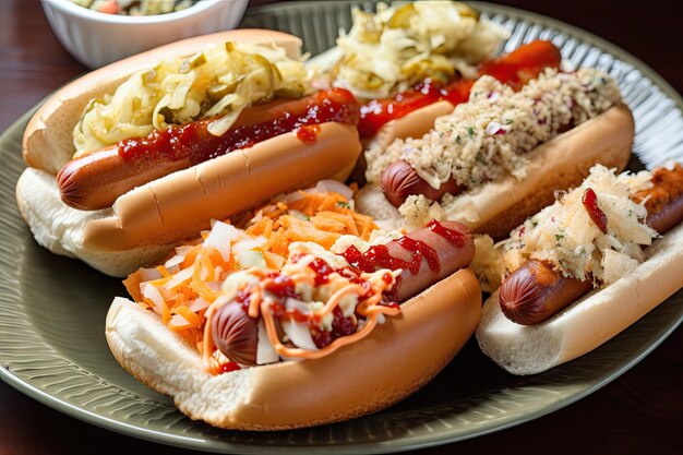 Plato de perritos calientes en bollos cubiertos con diferentes tipos de condimentos y chucrut