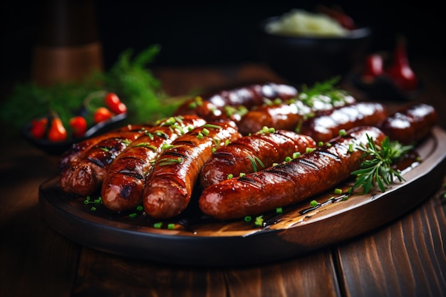 Foto un plato de perritos calientes con salsa y hierbas